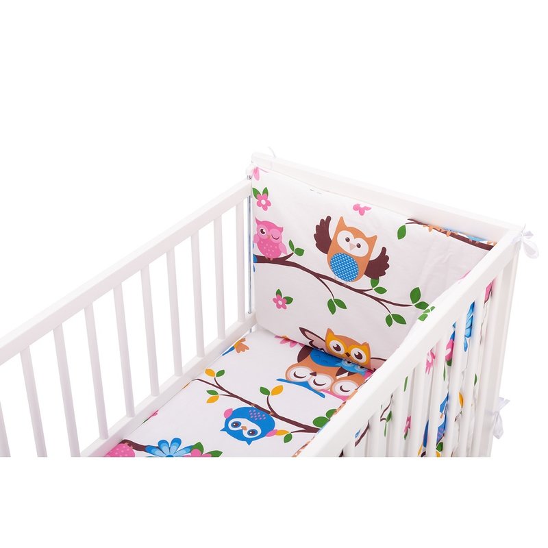 BabyNeeds - Lenjerie patut 2 piese, Cu protectie laterale, Cearceaf, Din bumbac, Pentru patut 90x50 cm, Bufnitele vesele, Multicolor image 5