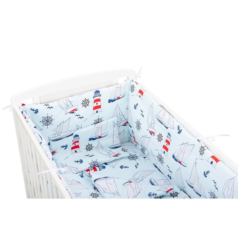 BabyNeeds - Lenjerie patut 5 piese, Cu doua protectii laterale, Pernuta, Plapumioara, Cearceaf, Din bumbac, Pentru patut 120x60 cm, Vaporase, Albastru