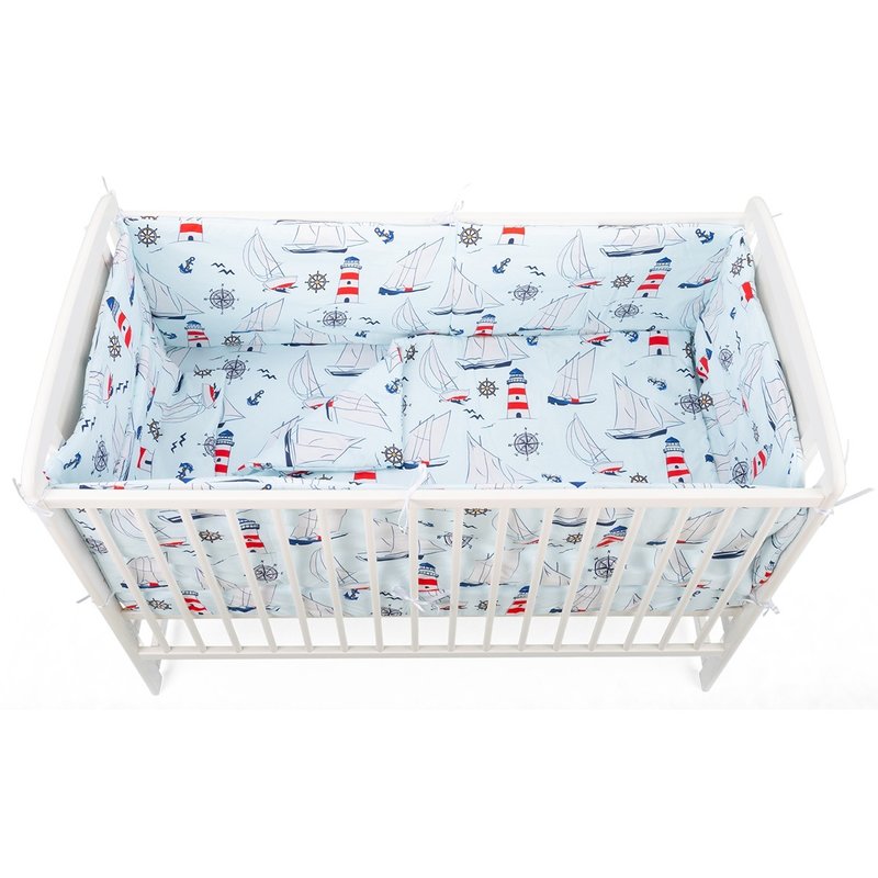 BabyNeeds - Lenjerie patut 5 piese, Cu doua protectii laterale, Pernuta, Plapumioara, Cearceaf, Din bumbac, Pentru patut 120x60 cm, Vaporase, Albastru image 3