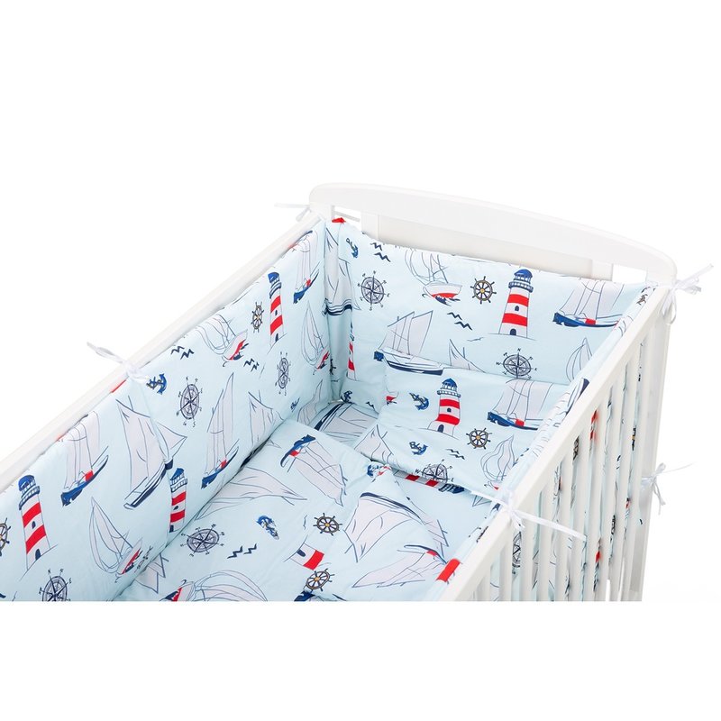 BabyNeeds - Lenjerie patut 5 piese, Cu doua protectii laterale, Pernuta, Plapumioara, Cearceaf, Din bumbac, Pentru patut 120x60 cm, Vaporase, Albastru image 4