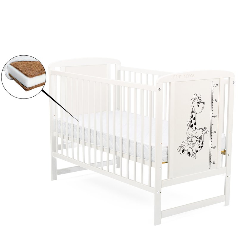 BabyNeeds - Patut din lemn Timmi Girafa 120x60 cm, Alb + Saltea 10 cm