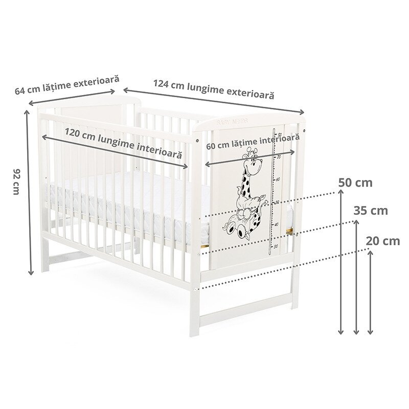 BabyNeeds - Patut din lemn Timmi Girafa 120x60 cm, Alb + Saltea 10 cm image 3