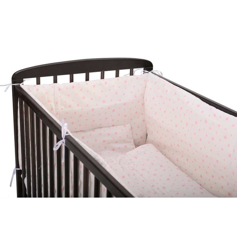 BabyNeeds - Lenjerie patut 5 piese, Cu doua protectii laterale, Pernuta, Plapumioara, Cearceaf, Din bumbac, Pentru patut 120x60 cm, Alb cu stelute roz