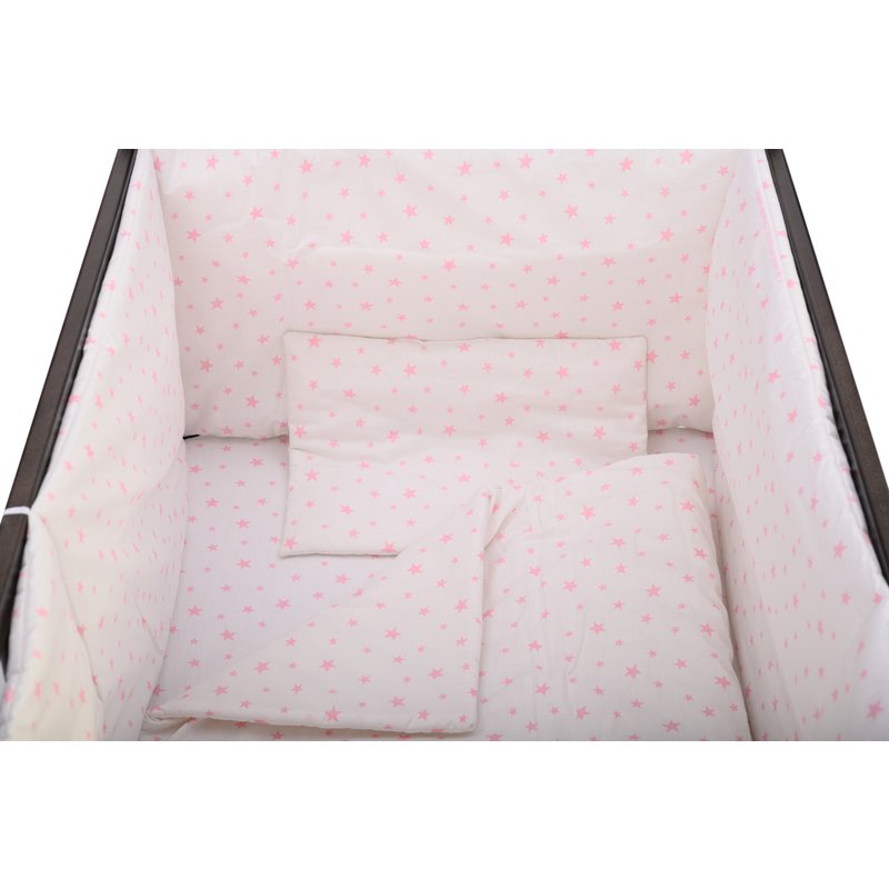 BabyNeeds - Lenjerie patut 5 piese, Cu doua protectii laterale, Pernuta, Plapumioara, Cearceaf, Din bumbac, Pentru patut 120x60 cm, Alb cu stelute roz image 5