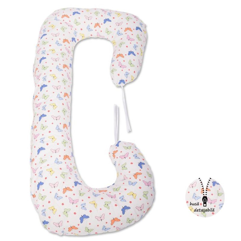 BabyNeeds - Perna 3 in 1 pentru gravide si bebelusi Soft Plus, Cu husa detasabila din bumbac, Fluturasi, Multicolor