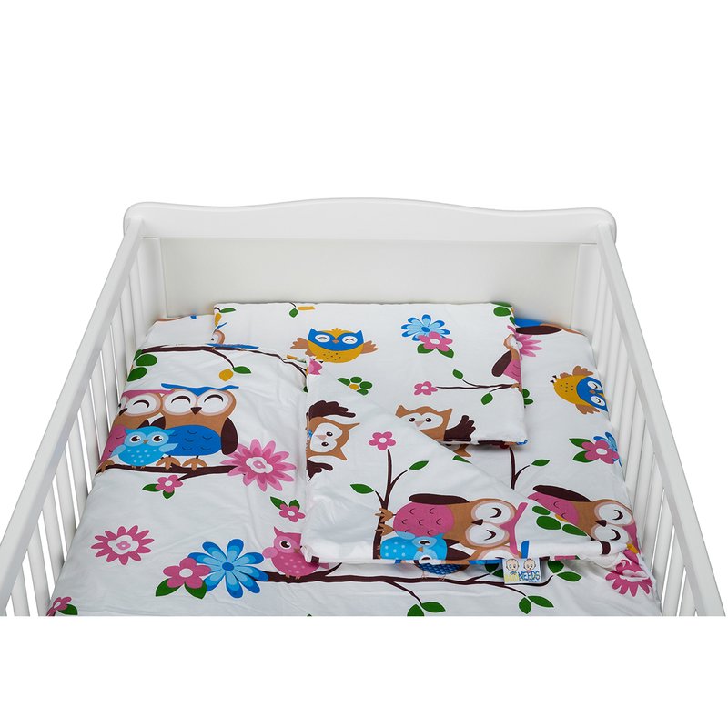 BabyNeeds - Lenjerie patut 3 piese, Cu pernuta, Plapumioara, Cearceaf, Din bumbac, Pentru patut 140x70 cm, Bufnitele vesele