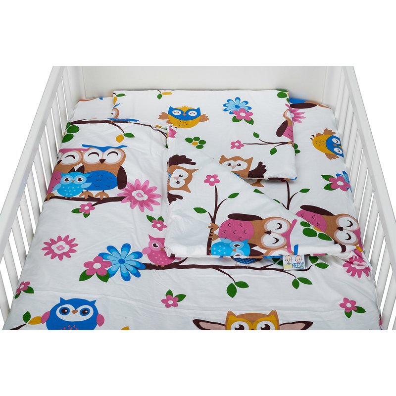 BabyNeeds - Lenjerie patut 3 piese, Cu pernuta, Plapumioara, Cearceaf, Din bumbac, Pentru patut 140x70 cm, Bufnitele vesele image 2