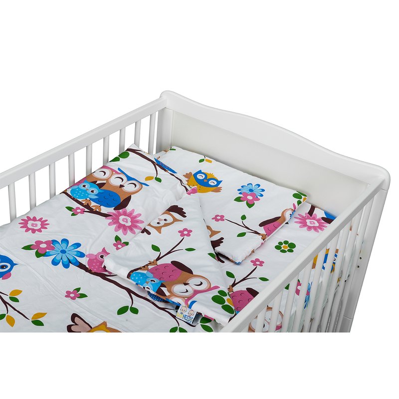 BabyNeeds - Lenjerie patut 3 piese, Cu pernuta, Plapumioara, Cearceaf, Din bumbac, Pentru patut 140x70 cm, Bufnitele vesele image 3