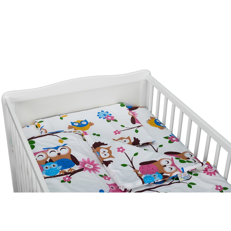 BabyNeeds - Lenjerie patut 3 piese, Cu pernuta, Plapumioara, Cearceaf, Din bumbac, Pentru patut 140x70 cm, Bufnitele vesele image 4