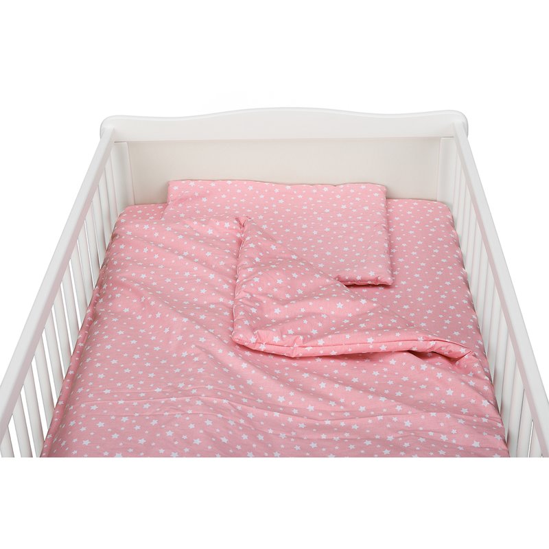 BabyNeeds - Lenjerie patut 3 piese, Cu pernuta, Plapumioara, Cearceaf, Din bumbac, Pentru patut 140x70 cm, Roz cu stelute albe image 2