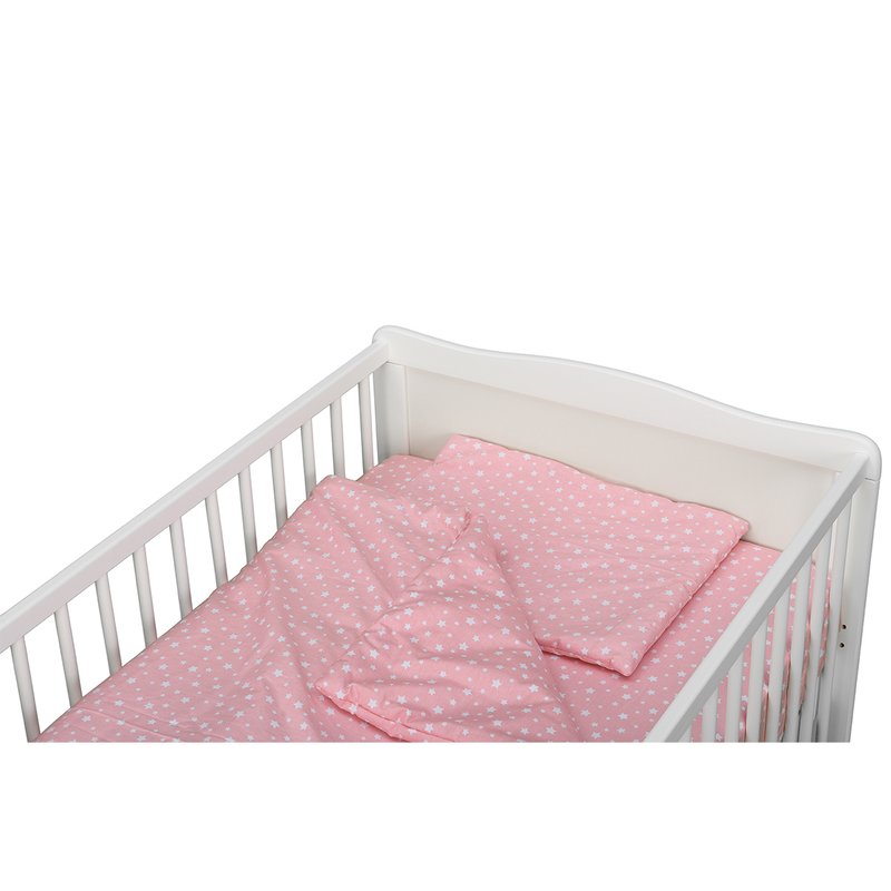 BabyNeeds - Lenjerie patut 3 piese, Cu pernuta, Plapumioara, Cearceaf, Din bumbac, Pentru patut 140x70 cm, Roz cu stelute albe image 3