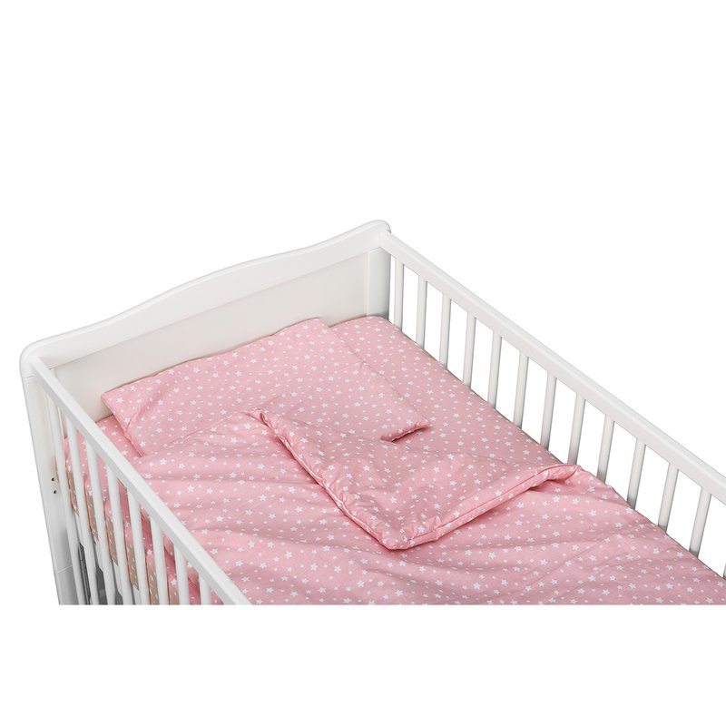 BabyNeeds - Lenjerie patut 3 piese, Cu pernuta, Plapumioara, Cearceaf, Din bumbac, Pentru patut 140x70 cm, Roz cu stelute albe image 4