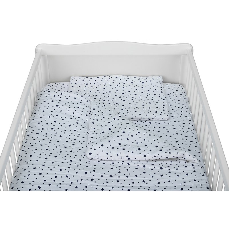 Babyneeds - Lenjerie patut 3 piese, Cu pernuta, Plapumioara, Cearceaf, Din bumbac, Pentru patut 140x70 cm, Alb cu stelute albastre image 2