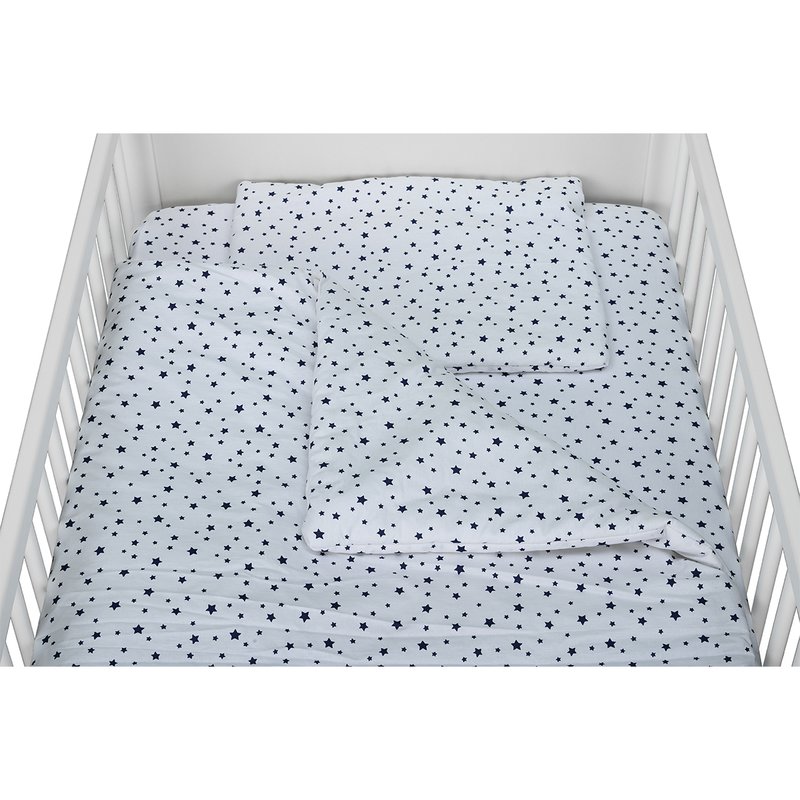 Babyneeds - Lenjerie patut 3 piese, Cu pernuta, Plapumioara, Cearceaf, Din bumbac, Pentru patut 140x70 cm, Alb cu stelute albastre image 3