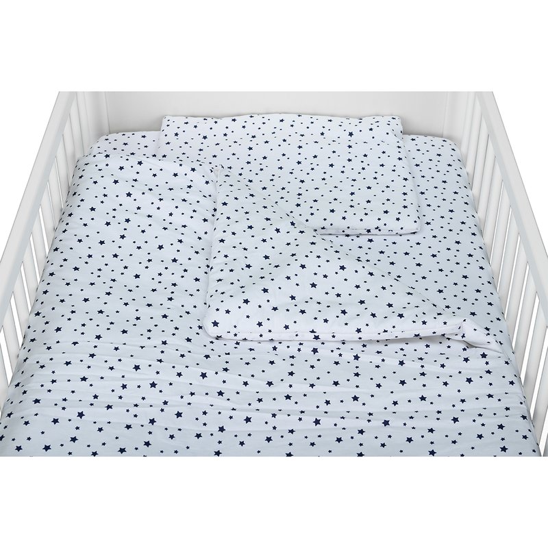 Babyneeds - Lenjerie patut 3 piese, Cu pernuta, Plapumioara, Cearceaf, Din bumbac, Pentru patut 140x70 cm, Alb cu stelute albastre image 8