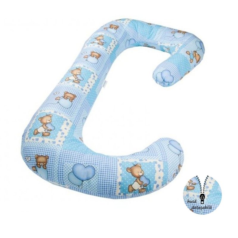 BabyNeeds - Perna 3 in 1 pentru gravide si bebelusi Soft Plus, Cu husa detasabila din bumbac, Ursuleti albastri