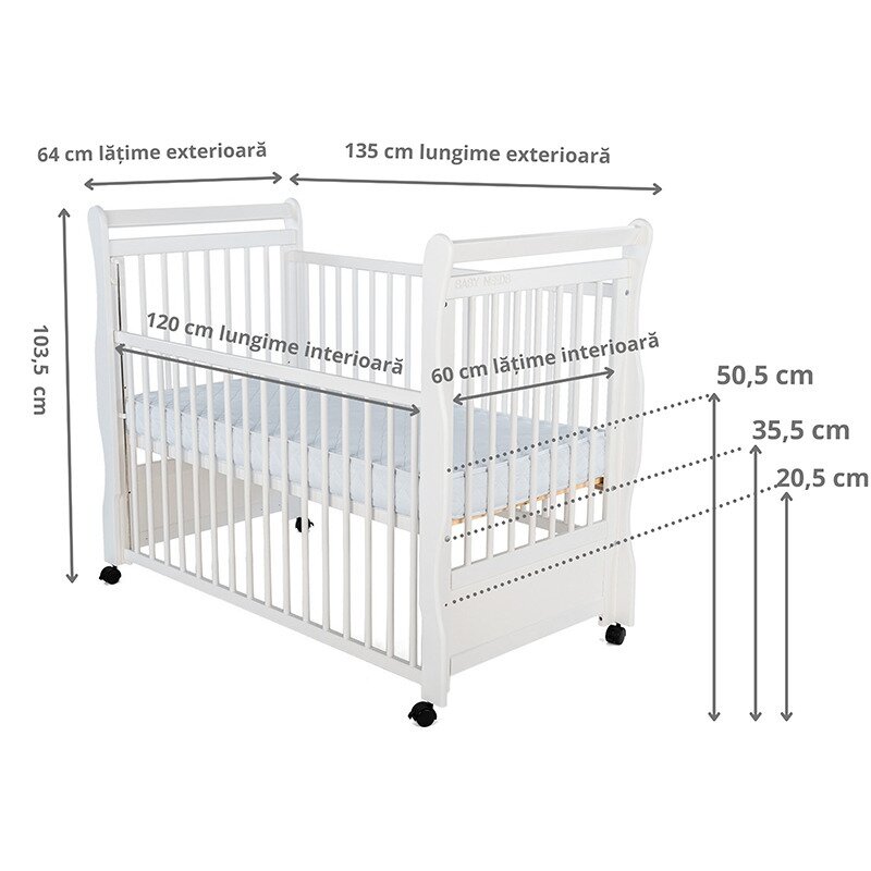 BabyNeeds - Patut din lemn Jas 120x60 cm, cu laterala culisanta si roti, Alb + Saltea 8 cm image 3