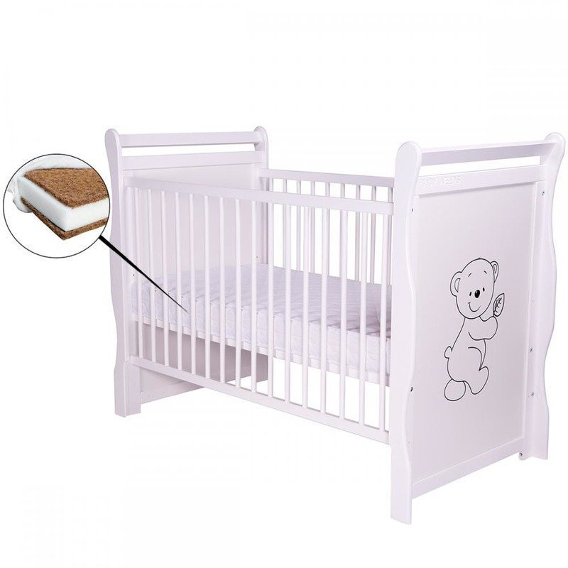 BabyNeeds - Patut din lemn Jas Ursulet 120x60 cm, cu roti, Alb + Saltea 8 cm