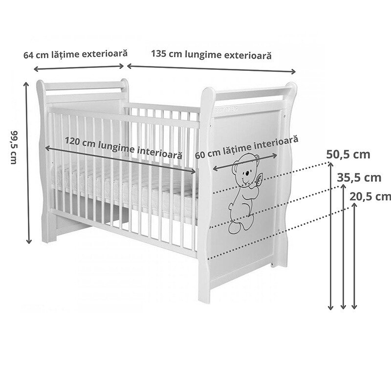 BabyNeeds - Patut din lemn Jas Ursulet 120x60 cm, cu roti, Alb + Saltea 8 cm image 3