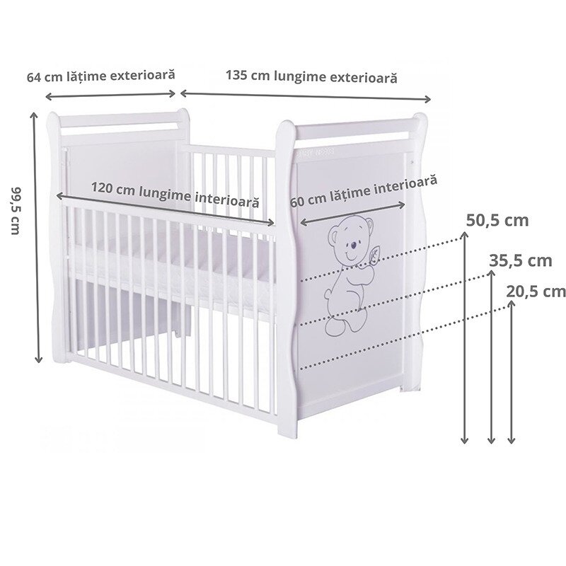 BabyNeeds - Patut din lemn Jas Ursulet 120x60 cm, cu laterala culisanta si roti, Alb + Saltea 8 cm image 5