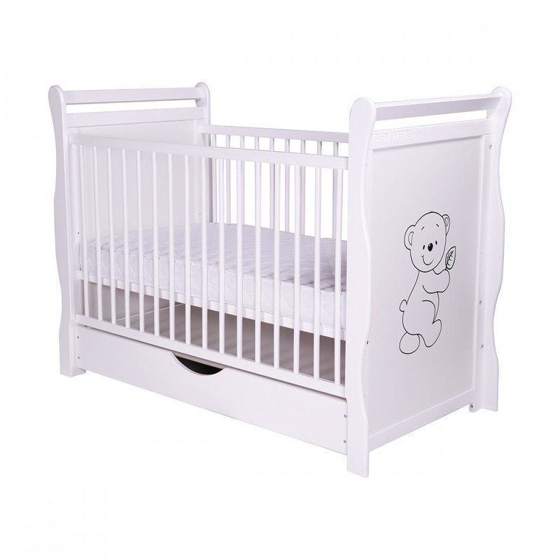 BabyNeeds - Patut din lemn Jas Ursulet 120x60 cm, cu sertar si roti, Alb + Saltea 8 cm image 2