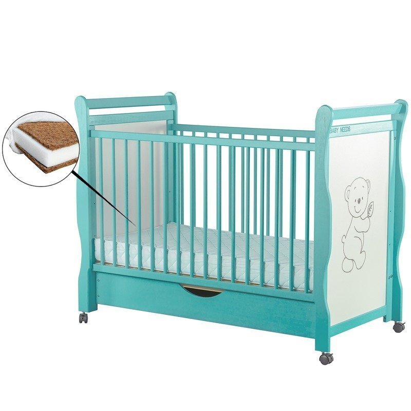 BabyNeeds - Patut din lemn Jas Ursulet 120x60 cm, cu sertar si roti, Mint + Saltea 8 cm