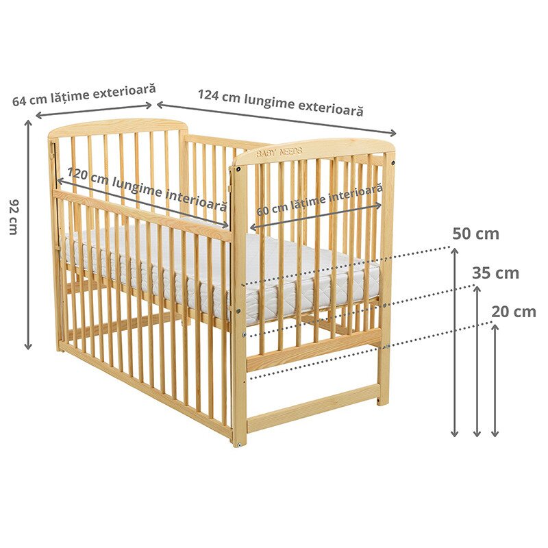 BabyNeeds - Patut din lemn Ola 120x60 cm, cu laterala culisanta, Natur + Saltea 8 cm image 3