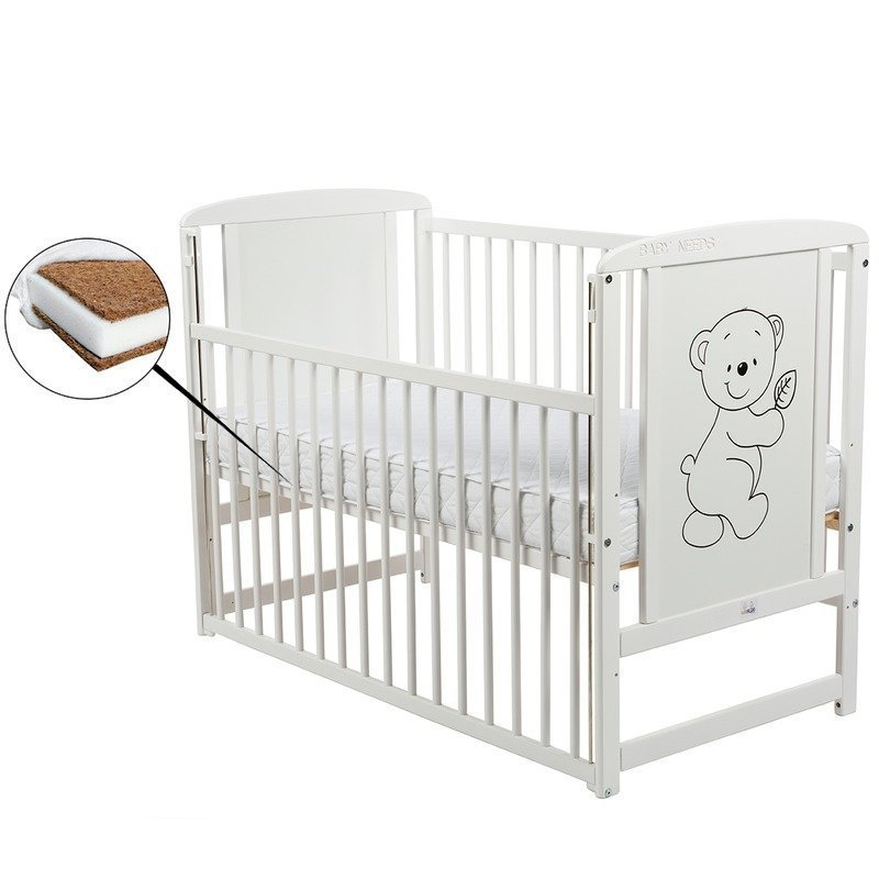 BabyNeeds - Patut din lemn Timmi 120x60 cm, cu laterala culisanta, Alb + Saltea 8 cm