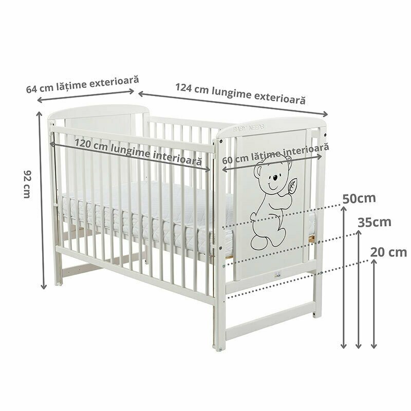 BabyNeeds - Patut din lemn Timmi 120x60 cm, cu laterala culisanta, Alb + Saltea 8 cm image 7