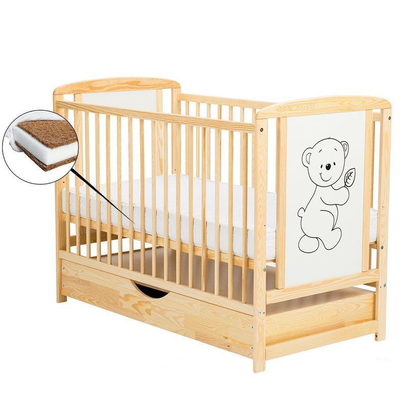 BabyNeeds - Patut din lemn Timmi 120x60 cm, cu sertar, Natur + Saltea 8 cm