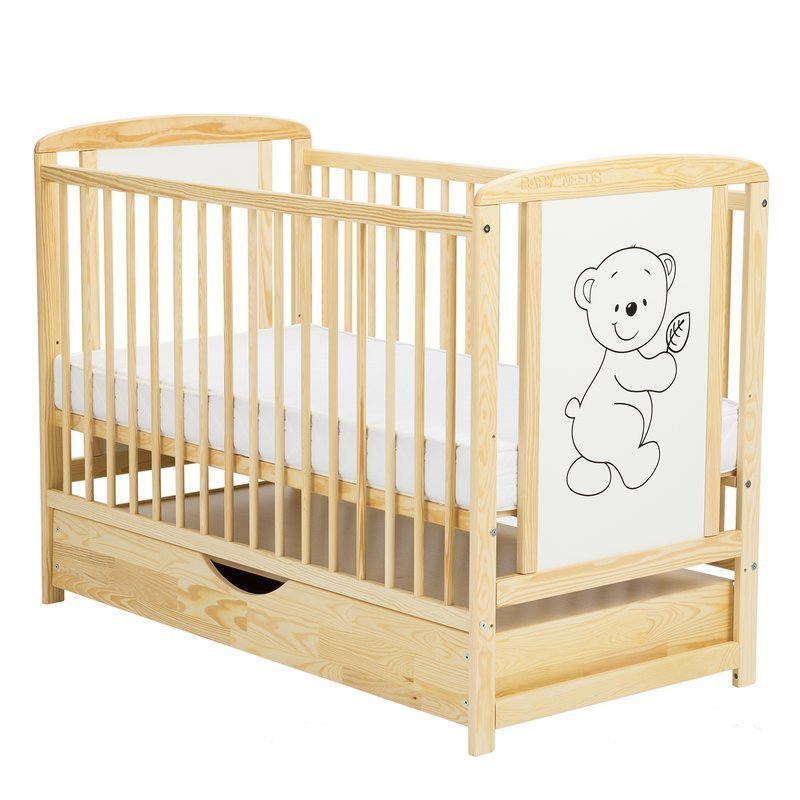 BabyNeeds - Patut din lemn Timmi 120x60 cm, cu sertar, Natur + Saltea 8 cm image 2