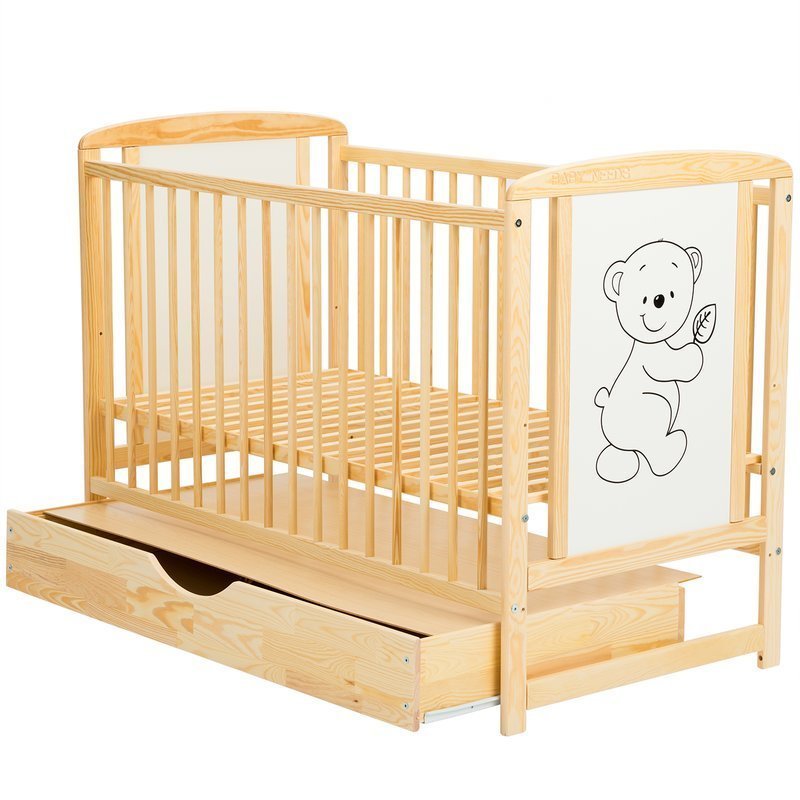 BabyNeeds - Patut din lemn Timmi 120x60 cm, cu sertar, Natur + Saltea 8 cm image 3