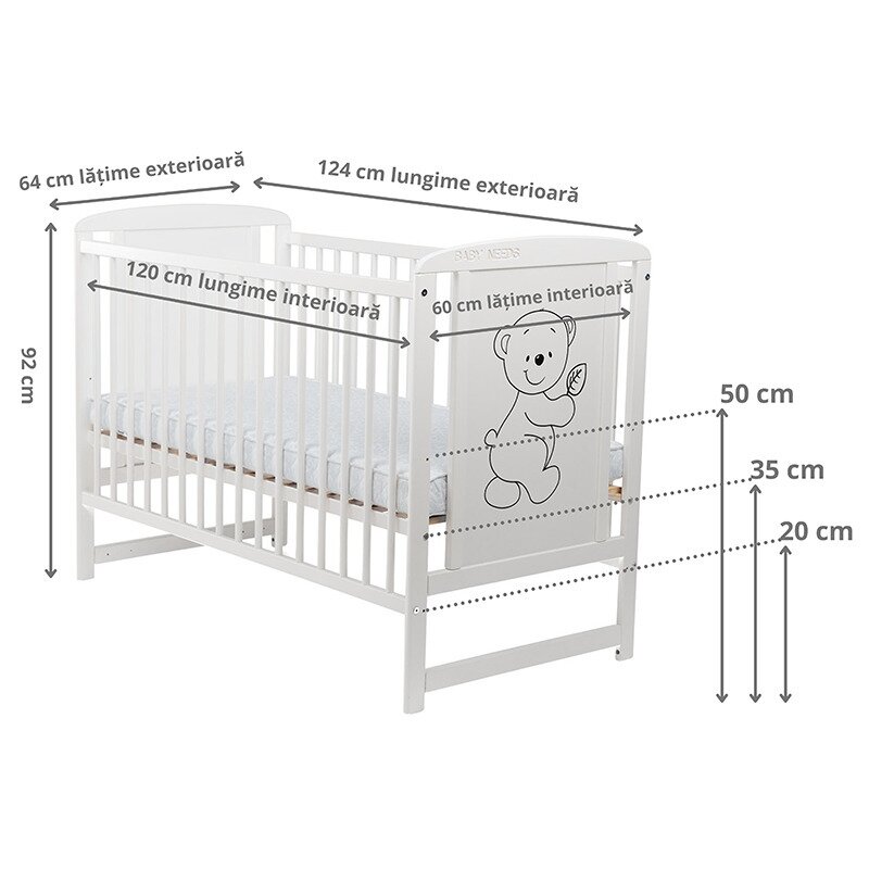 BabyNeeds - Patut din lemn Timmi 120x60 cm, Alb + Saltea 8 cm image 3