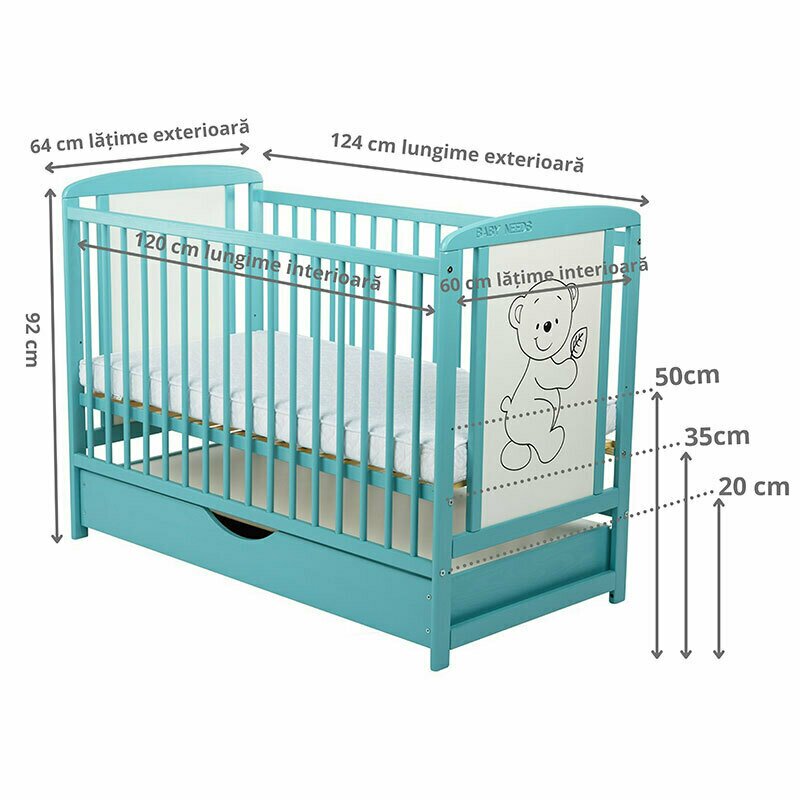 BabyNeeds - Patut din lemn Timmi 120x60 cm, cu sertar, Mint + Saltea 8 cm image 8