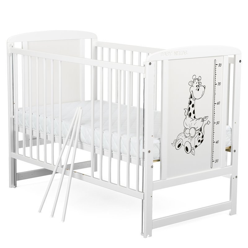 BabyNeeds - Patut din lemn Timmi Girafa 120x60 cm, cu laterala culisanta, Alb + Saltea 8 cm image 3