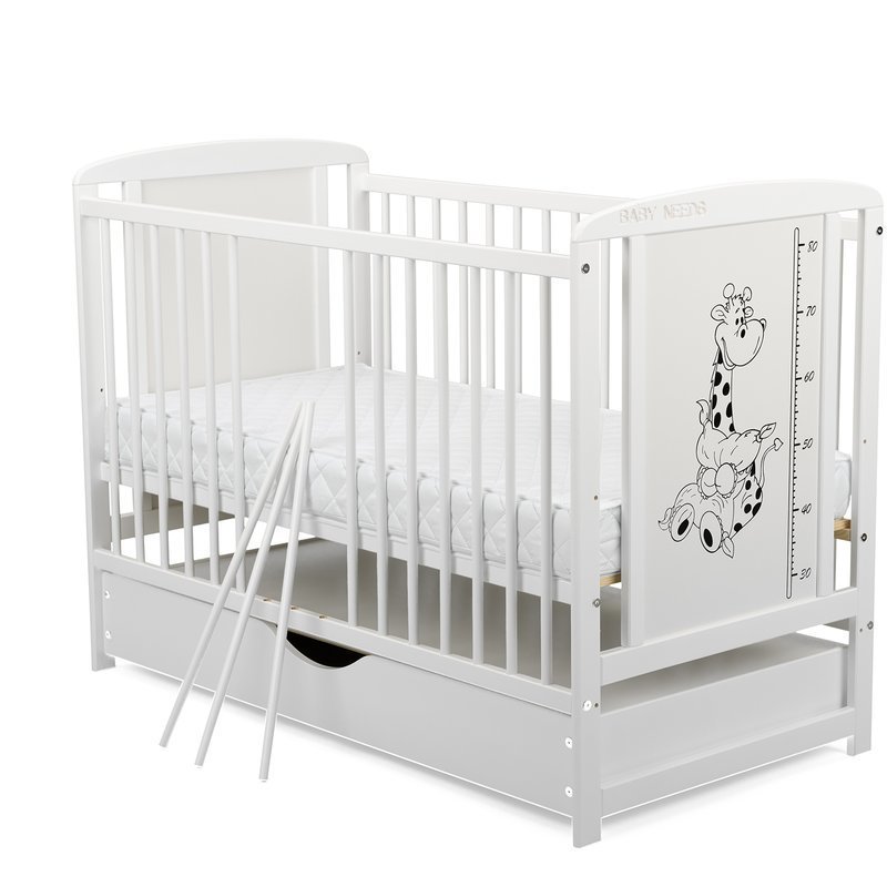 BabyNeeds - Patut din lemn Timmi Girafa 120x60 cm, cu sertar, Alb + Saltea 8 cm image 4