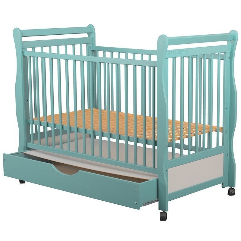 BabyNeeds - Patut din lemn Jas 120x60 cm, cu sertar si roti, Mint + Saltea 12 cm image 2