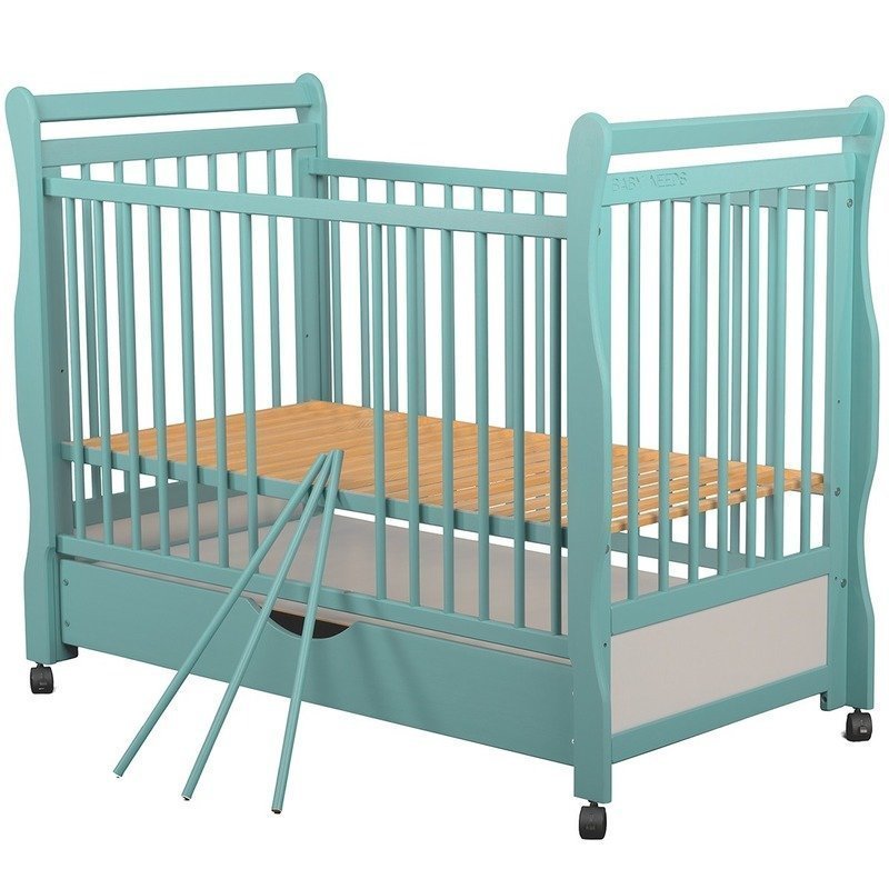 BabyNeeds - Patut din lemn Jas 120x60 cm, cu sertar si roti, Mint + Saltea 12 cm image 8