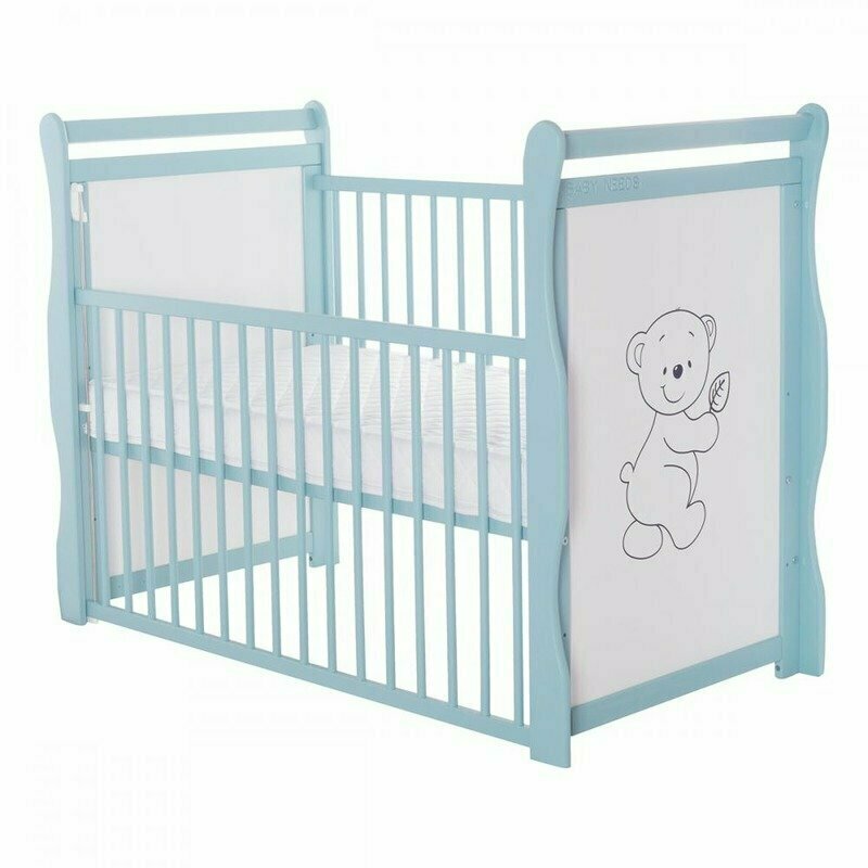 BabyNeeds - Patut din lemn Jas Ursulet 120x60 cm, cu laterala culisanta si roti, Mint + Saltea 12 cm image 2