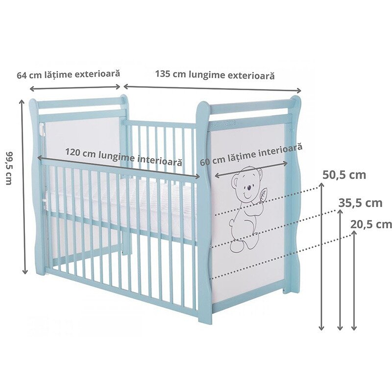 BabyNeeds - Patut din lemn Jas Ursulet 120x60 cm, cu laterala culisanta si roti, Mint + Saltea 12 cm image 3