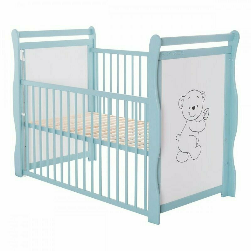 BabyNeeds - Patut din lemn Jas Ursulet 120x60 cm, cu laterala culisanta si roti, Mint + Saltea 12 cm image 5