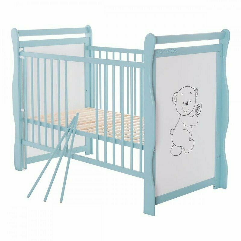 BabyNeeds - Patut din lemn Jas Ursulet 120x60 cm, cu laterala culisanta si roti, Mint + Saltea 12 cm image 6