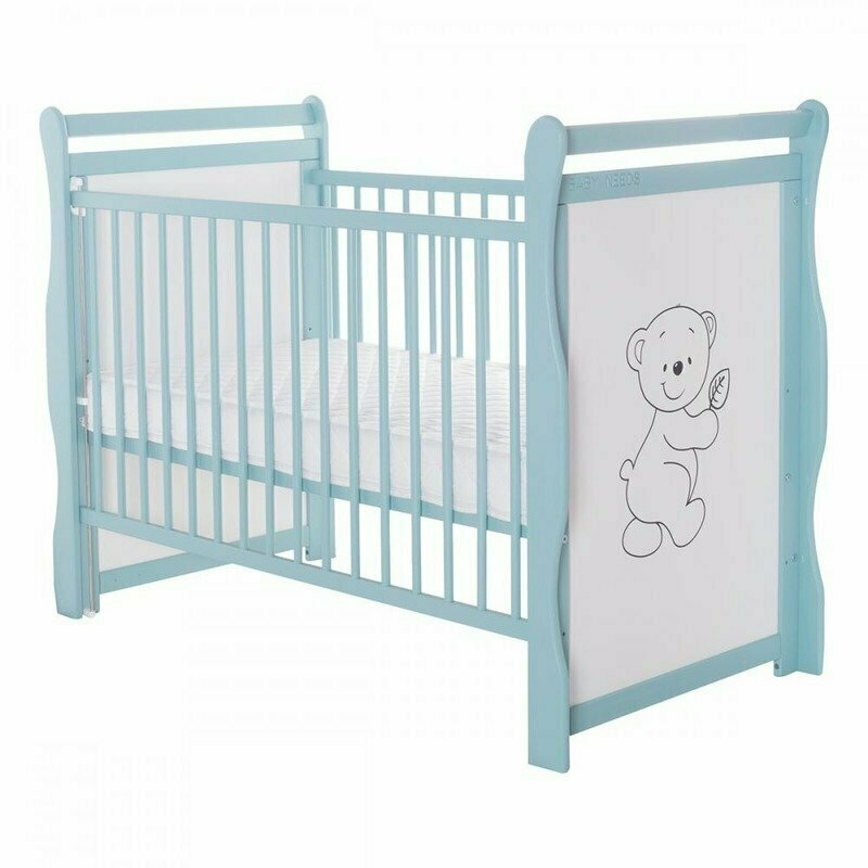 BabyNeeds - Patut din lemn Jas Ursulet 120x60 cm, cu laterala culisanta si roti, Mint + Saltea 12 cm image 7