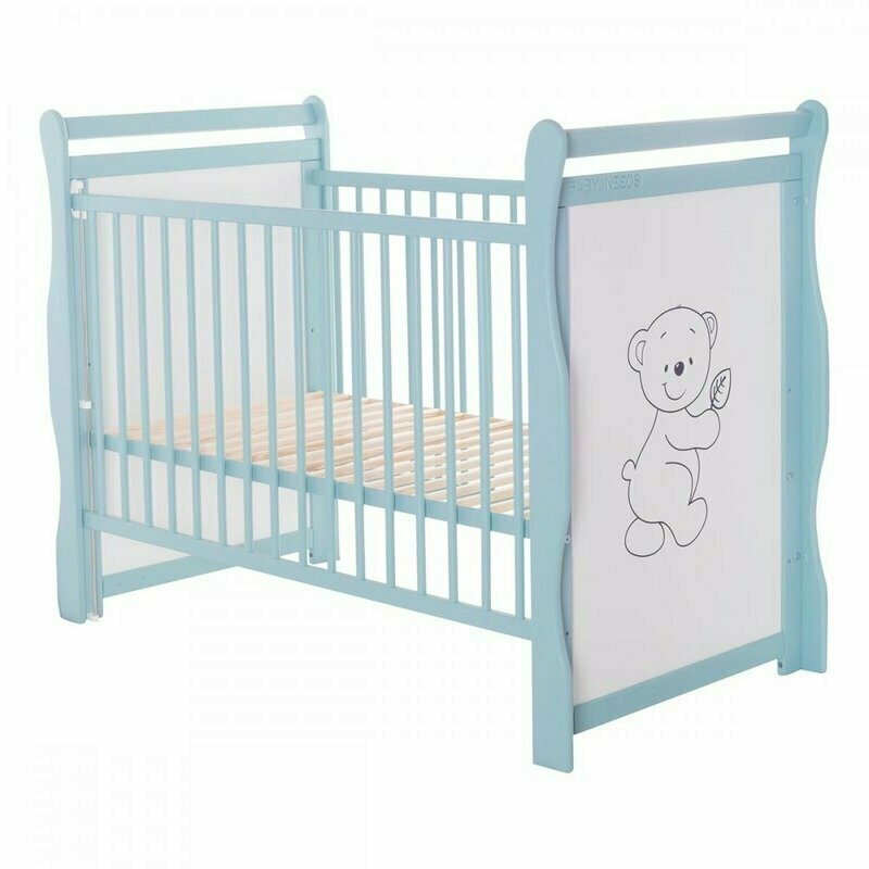 BabyNeeds - Patut din lemn Jas Ursulet 120x60 cm, cu laterala culisanta si roti, Mint + Saltea 12 cm image 8