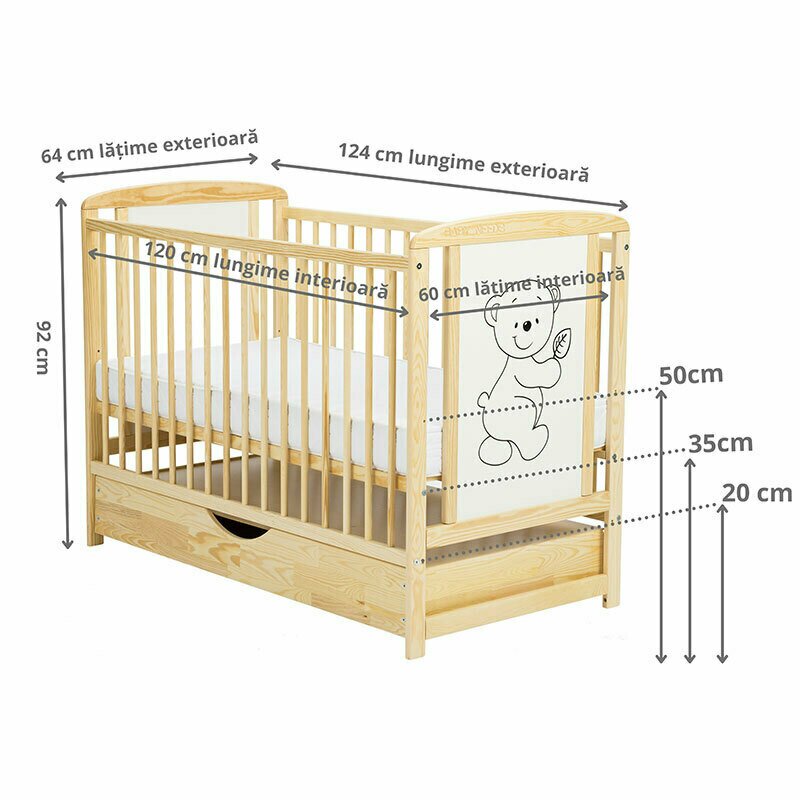 BabyNeeds - Patut din lemn Timmi 120x60 cm, cu sertar, Natur + Saltea 12 cm image 3