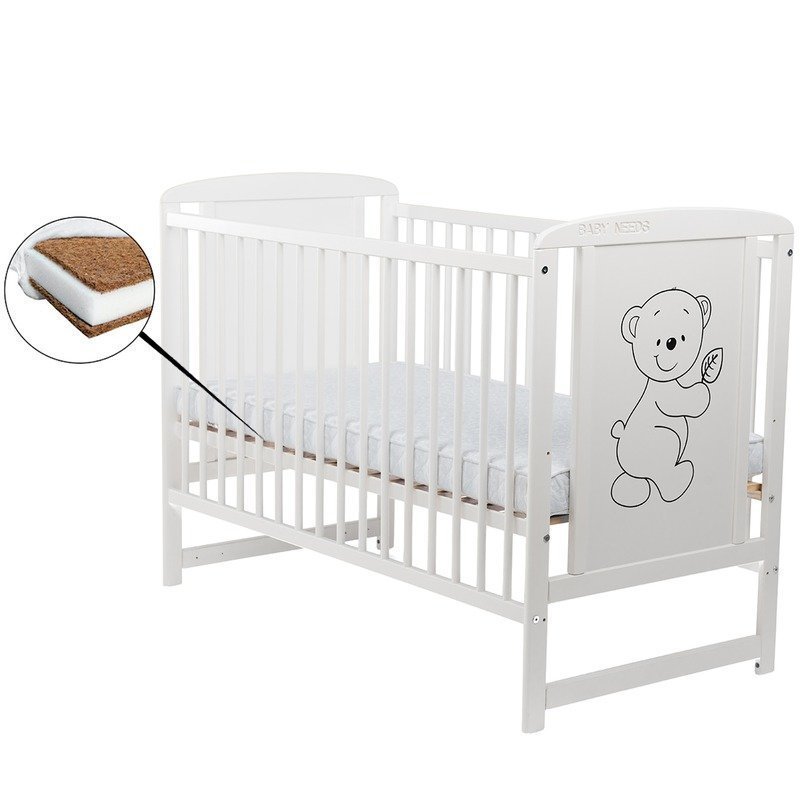 BabyNeeds - Patut din lemn Timmi 120x60 cm, Alb + Saltea 12 cm