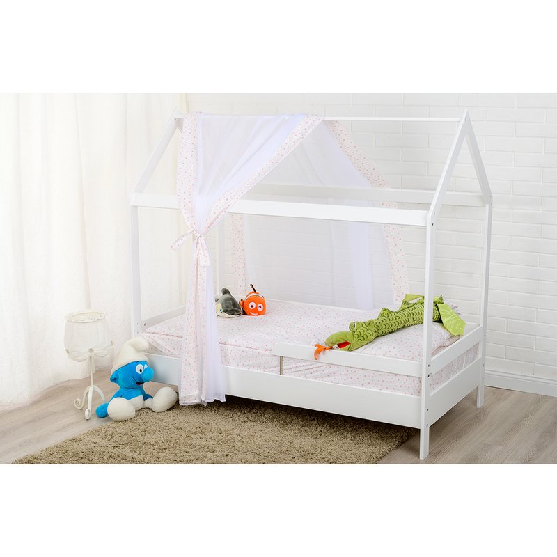 BabyNeeds - Patut din lemn Casuta 160x80 cm, Alb + Saltea 15 cm