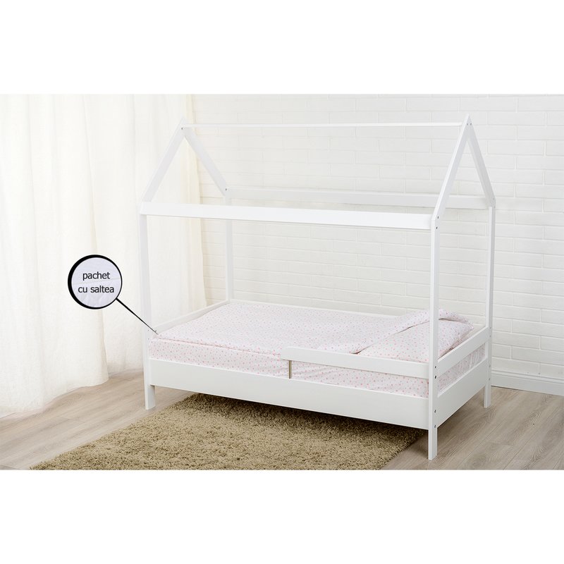 BabyNeeds - Patut din lemn Casuta 160x80 cm, Alb + Saltea 15 cm image 2