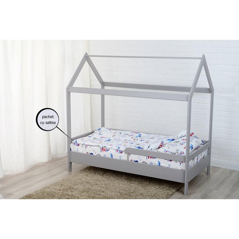 BabyNeeds - Patut din lemn Casuta 160x80 cm, Gri + Saltea 15 cm