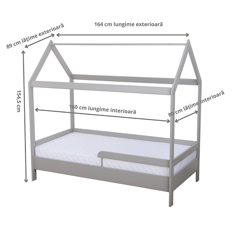 BabyNeeds - Patut din lemn Casuta 160x80 cm, Gri + Saltea 15 cm image 3